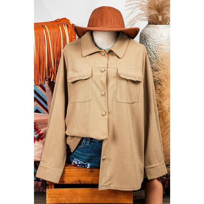 Claribel Light French Beige Solid Frilled Flap Pocket Button Up Corduroy Shacket