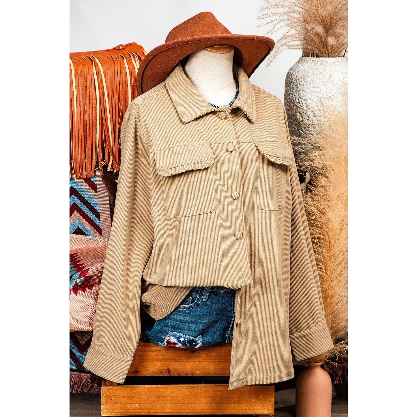 Claribel Light French Beige Solid Frilled Flap Pocket Button Up Corduroy Shacket