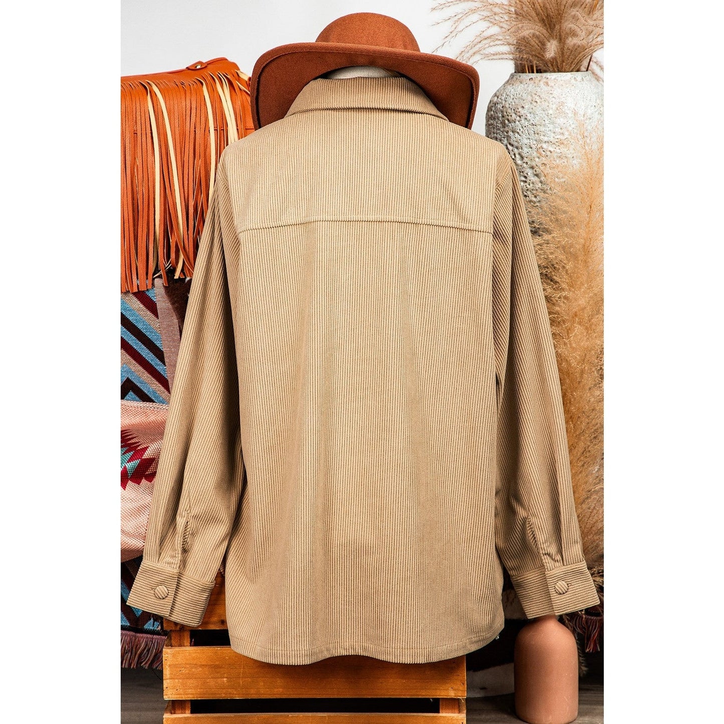 Claribel Light French Beige Solid Frilled Flap Pocket Button Up Corduroy Shacket