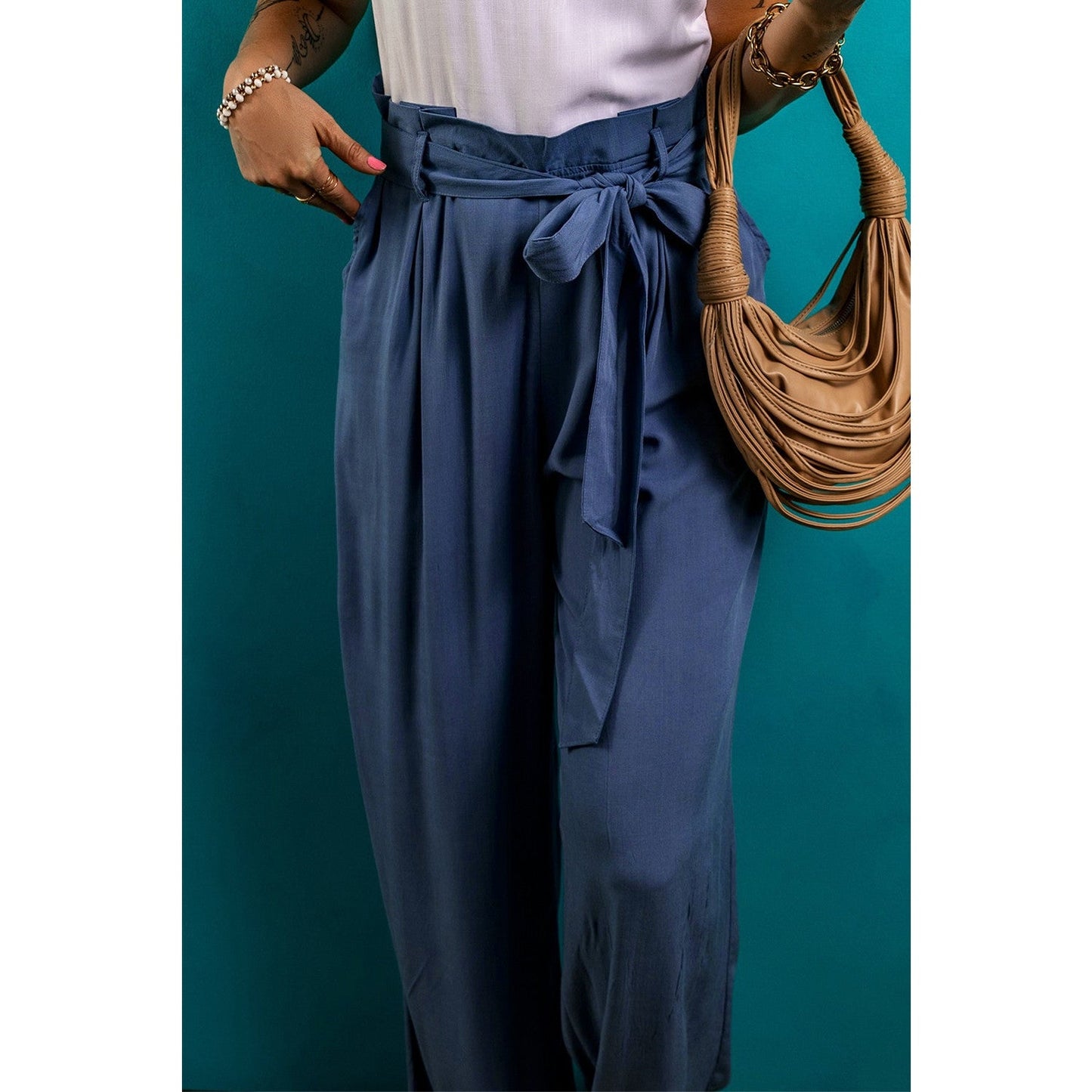 Clydie Belted Frilly Waist Wide Leg Loose Pants