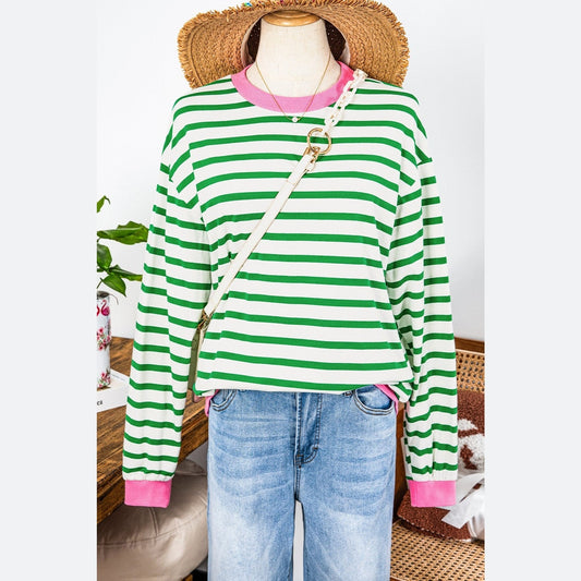 Diondra Bright Green Striped Contrast Edge Long Sleeve Top