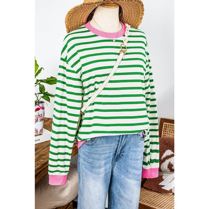 Diondra Bright Green Striped Contrast Edge Long Sleeve Top