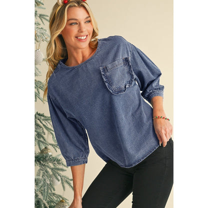 Elfrida Sky Blue 3/4 Sleeve Ruffled Patched Pocket Denim Blouse