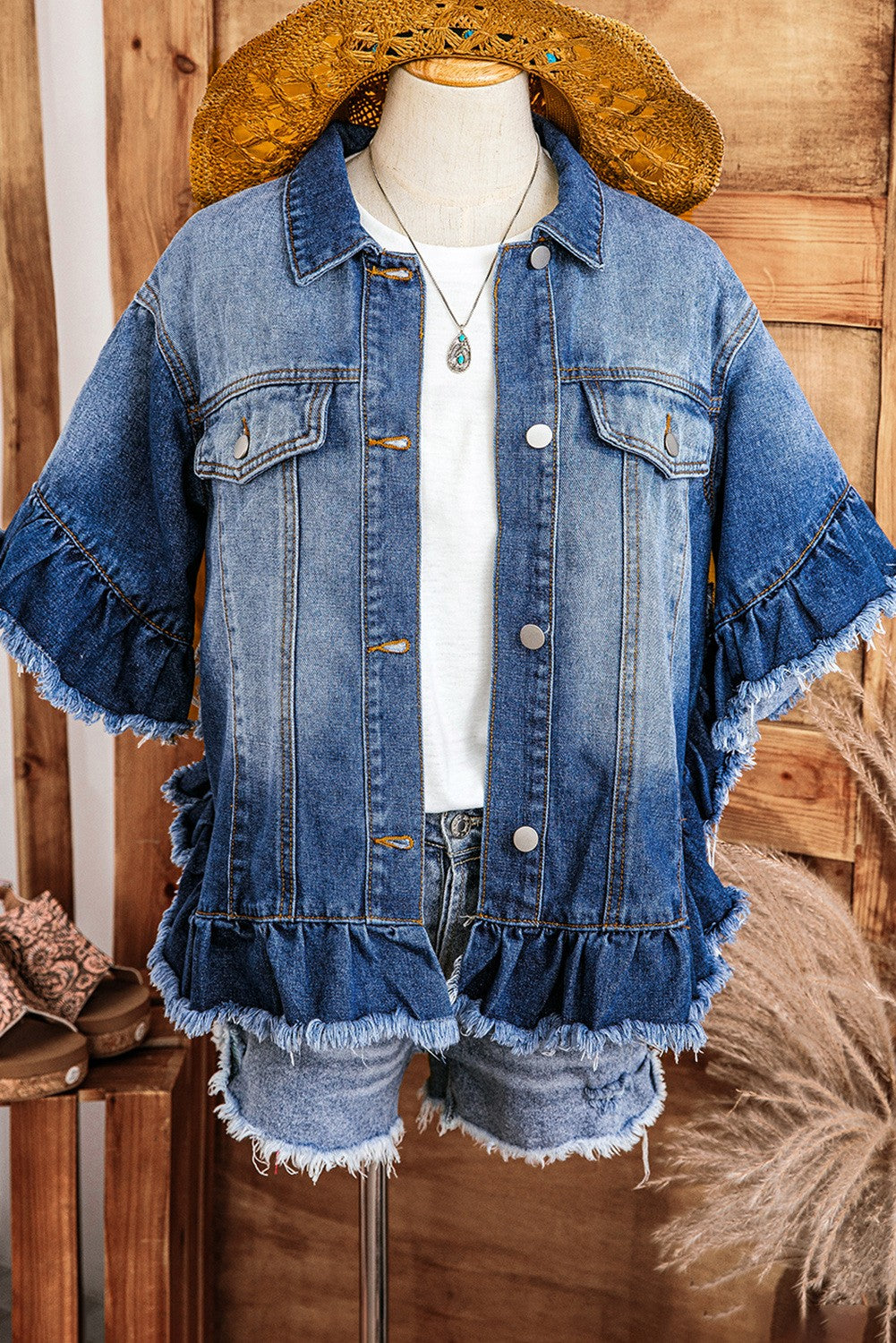 Ellerie Peacock Blue Raw Edge Ruffled Short Sleeve Denim Jacket