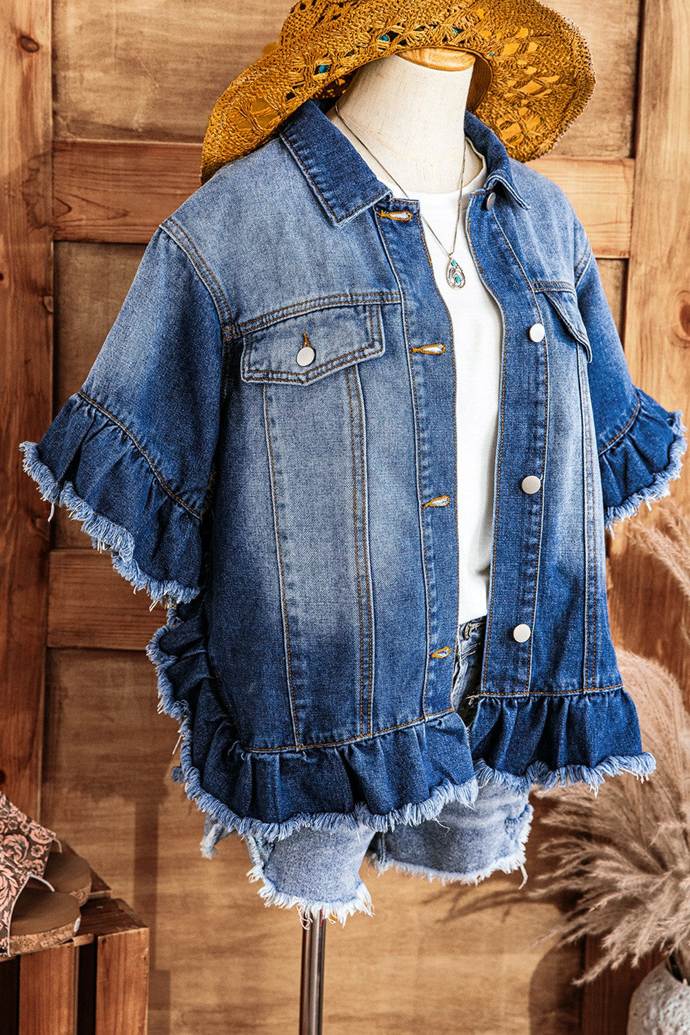 Ellerie Peacock Blue Raw Edge Ruffled Short Sleeve Denim Jacket