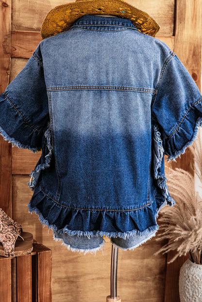 Ellerie Peacock Blue Raw Edge Ruffled Short Sleeve Denim Jacket