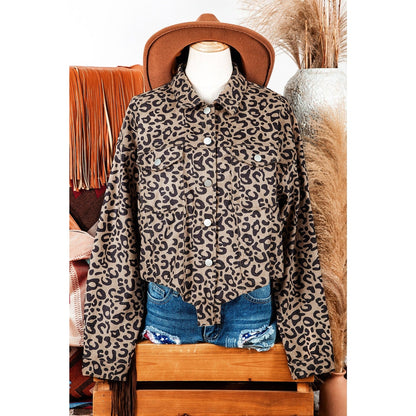 Emma Jane Dark Khaki Leopard Print Corduroy Irregular Hem Buttoned Jacket