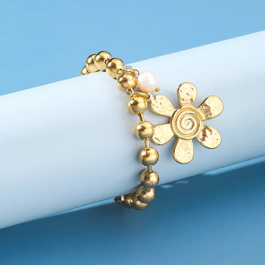 Golden Beaded Inlay Flower Pearl Bracelet