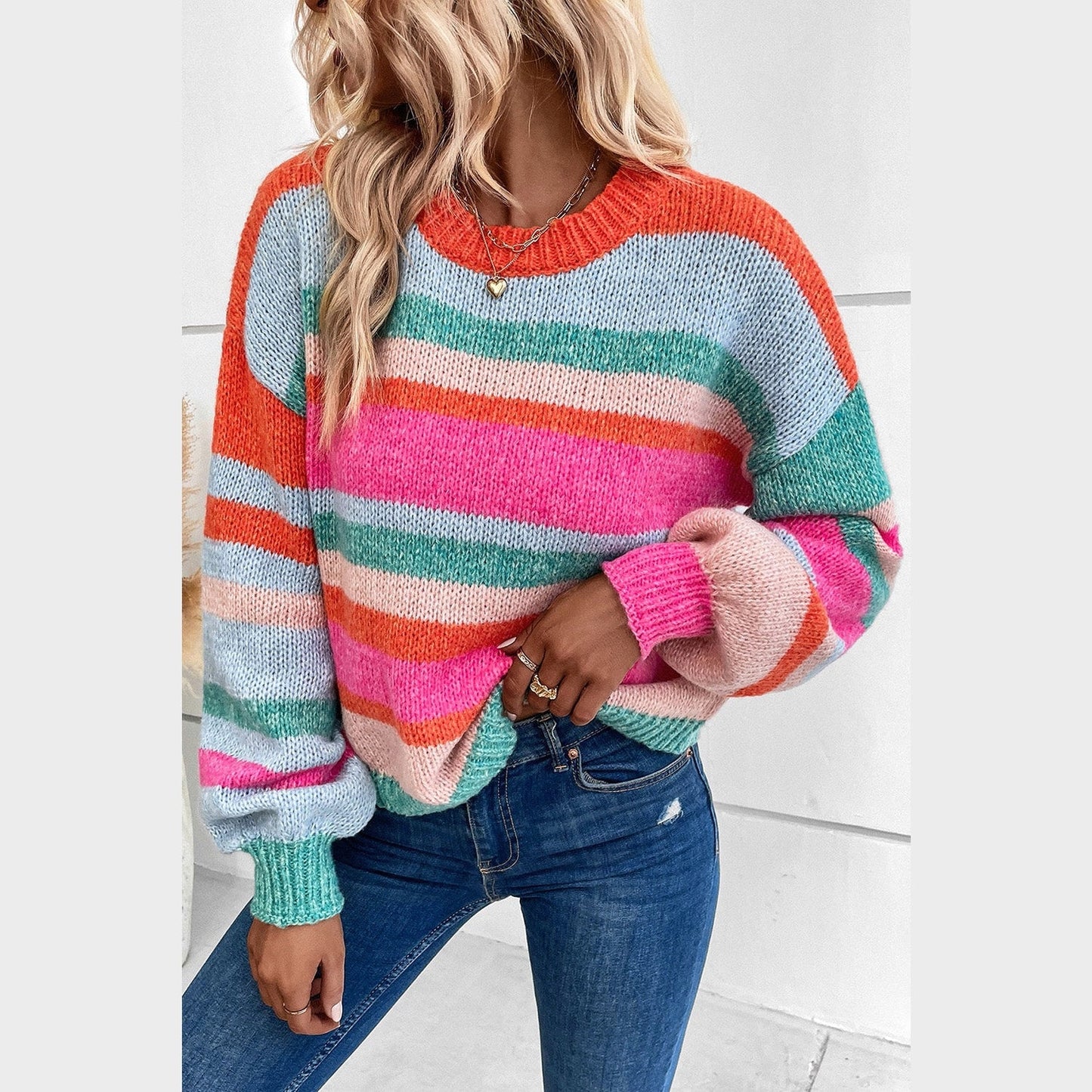 Gigi Multicolor Striped Knit Drop Shoulder Puff Sleeve Sweater