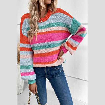 Gigi Multicolor Striped Knit Drop Shoulder Puff Sleeve Sweater