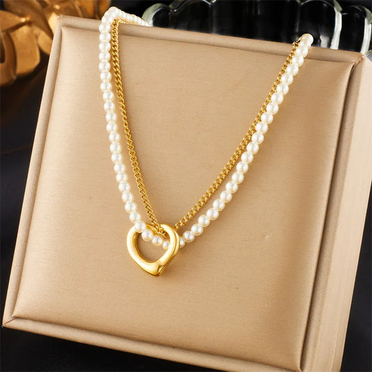 Golden Pearl Two Strand Heart Necklace