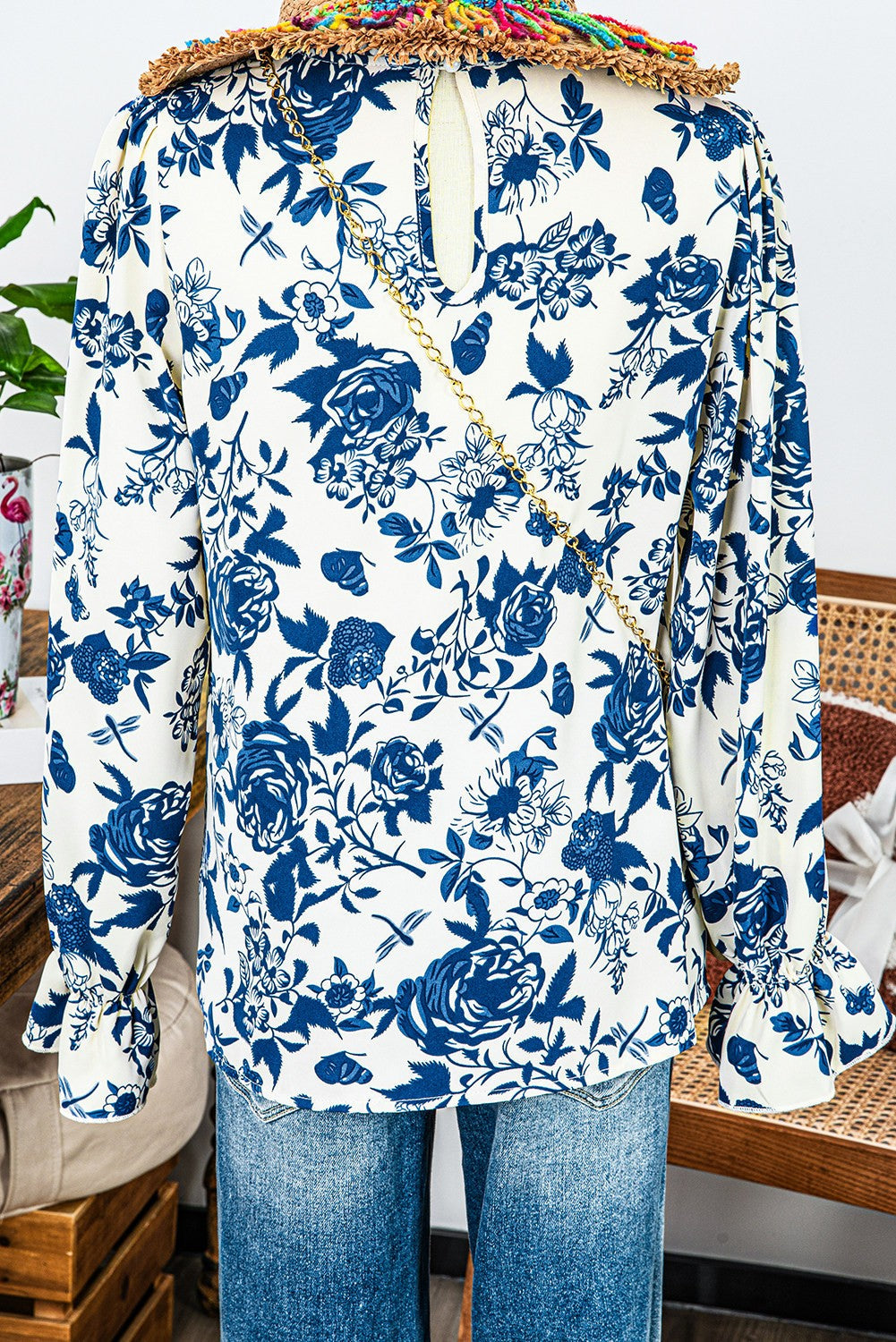 Idene Sky Blue Floral Print Flounce Sleeve Keyhole Back Blouse