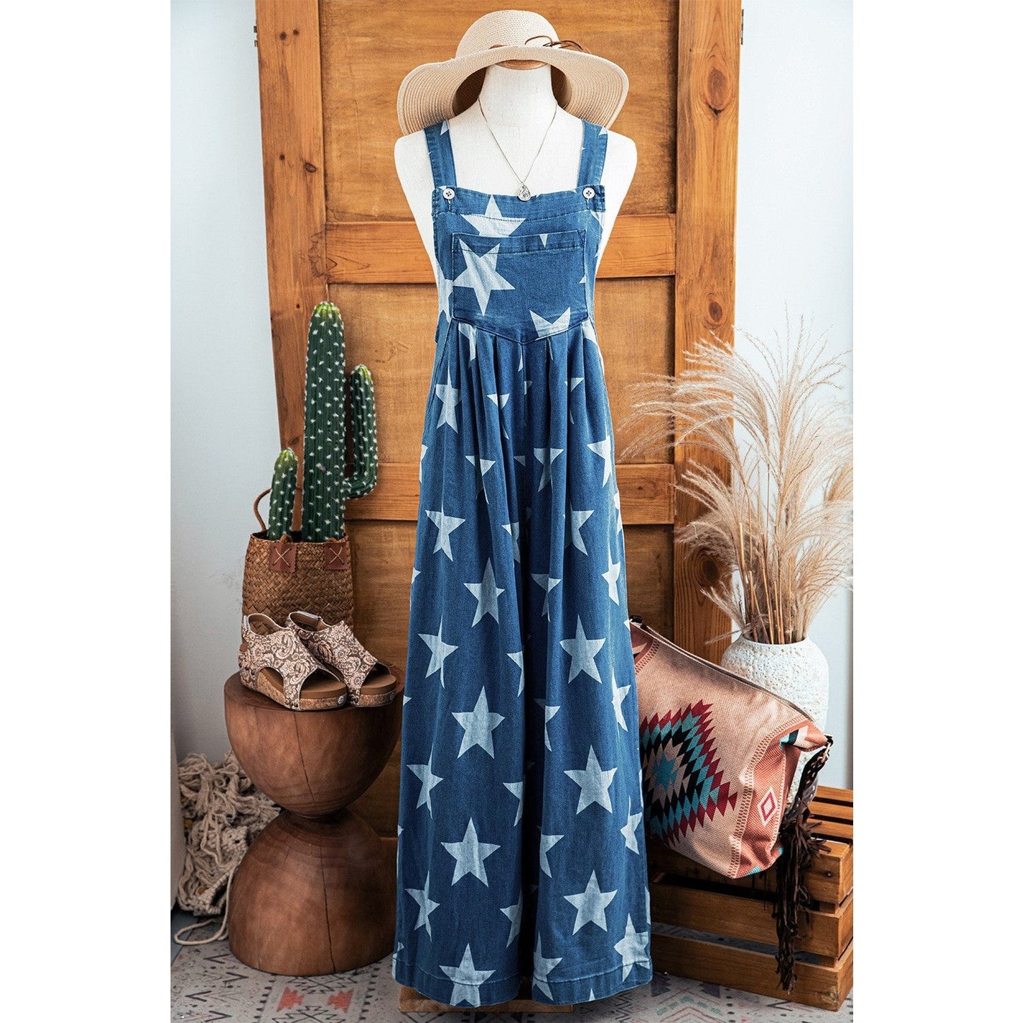 Janaya Star Print Buttoned Strap Pleat Wide Leg Denim Overall