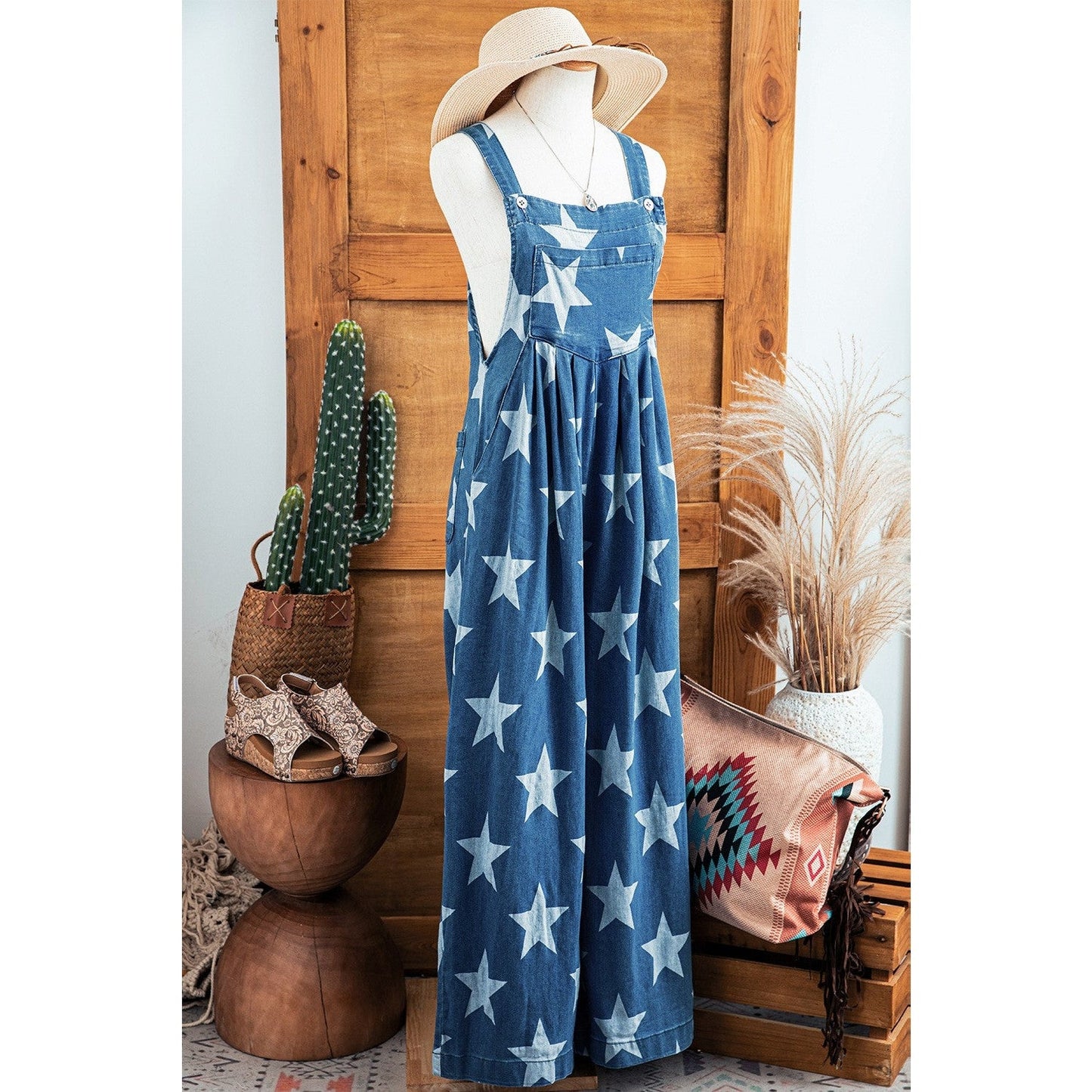 Janaya Star Print Buttoned Strap Pleat Wide Leg Denim Overall