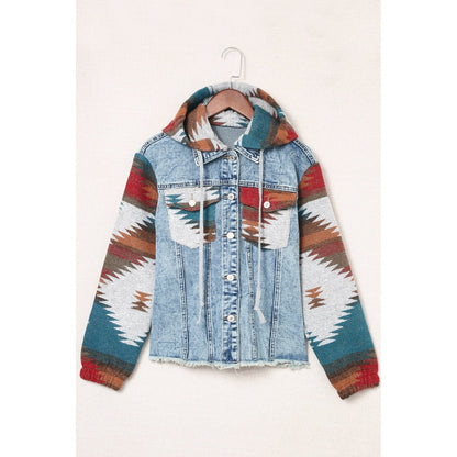 Jessamy Multicolor Aztec Print Frayed Hem Denim Jacket