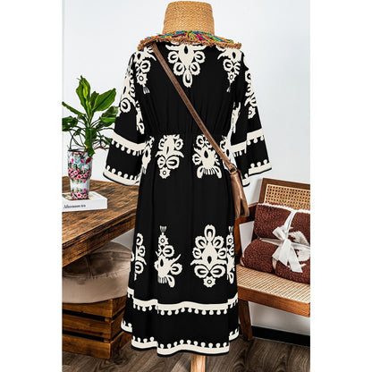 Kaden Black Western Geometric Print 3/4 Sleeve Loose Midi Dress