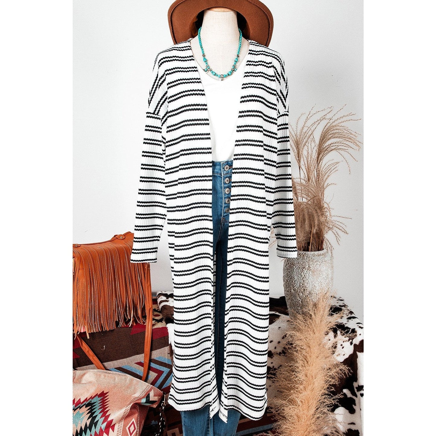 Kaydi Black Stripe Print Open Front Duster Cardigan