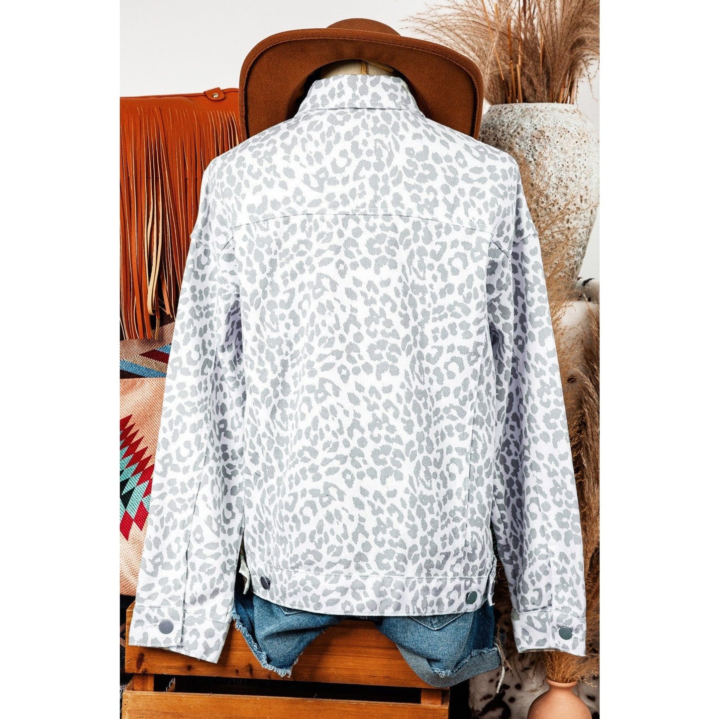 Lee Beth White Leopard Printed Flap Pocket Denim Jacket