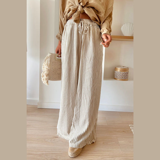 Lorenda Khaki Stripe Print Wide Leg Drawstring Pants