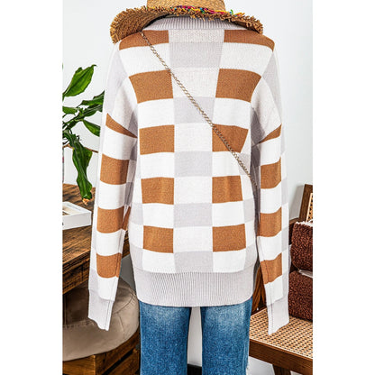 Lynette Brown Checkered Ribbed Edge O Neck Drop Shoulder Sweater