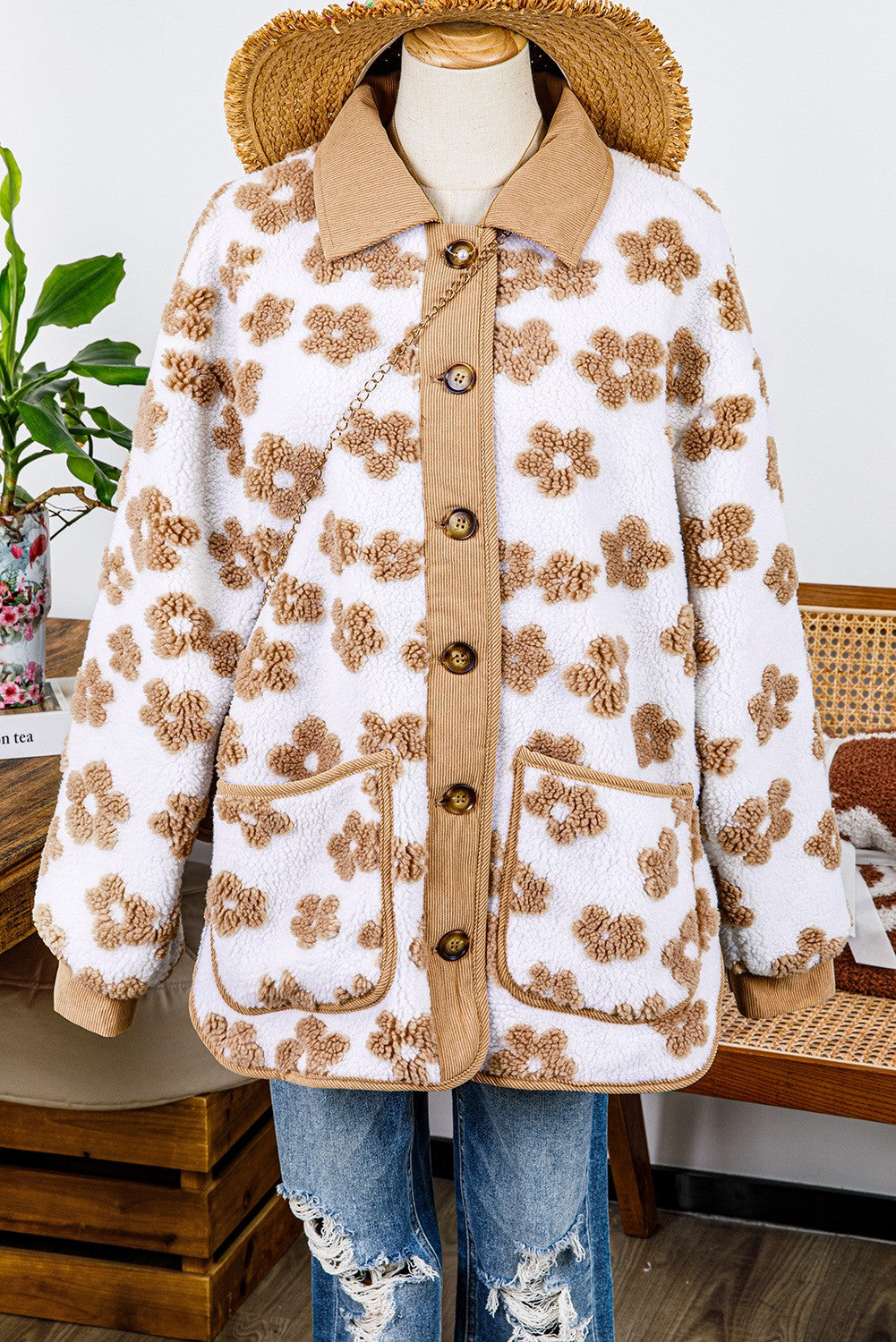 Mildred Light French Beige Cute Flower Pattern Button Up Fleece Jacket