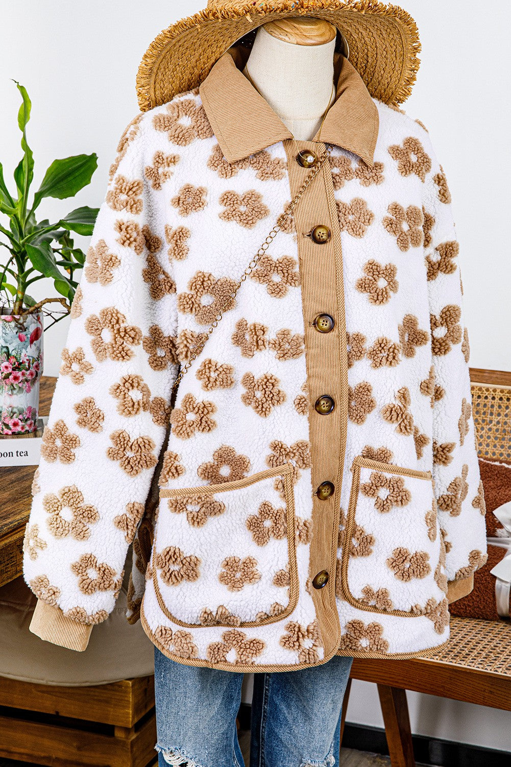 Mildred Light French Beige Cute Flower Pattern Button Up Fleece Jacket