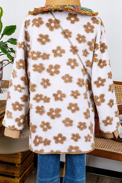 Mildred Light French Beige Cute Flower Pattern Button Up Fleece Jacket