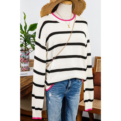 Miranda White Stripe Color Contrast Drop Shoulder Crew Neck Sweater