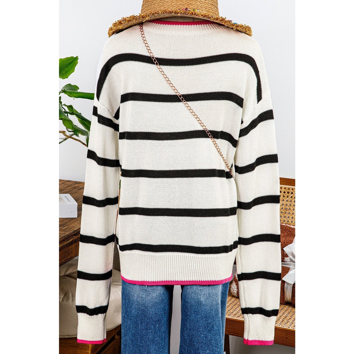 Miranda White Stripe Color Contrast Drop Shoulder Crew Neck Sweater