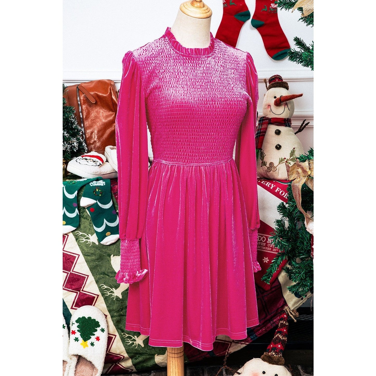 Netta Pink Frilled Neck Smocked Bodice Velvet Dress