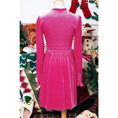 Netta Pink Frilled Neck Smocked Bodice Velvet Dress