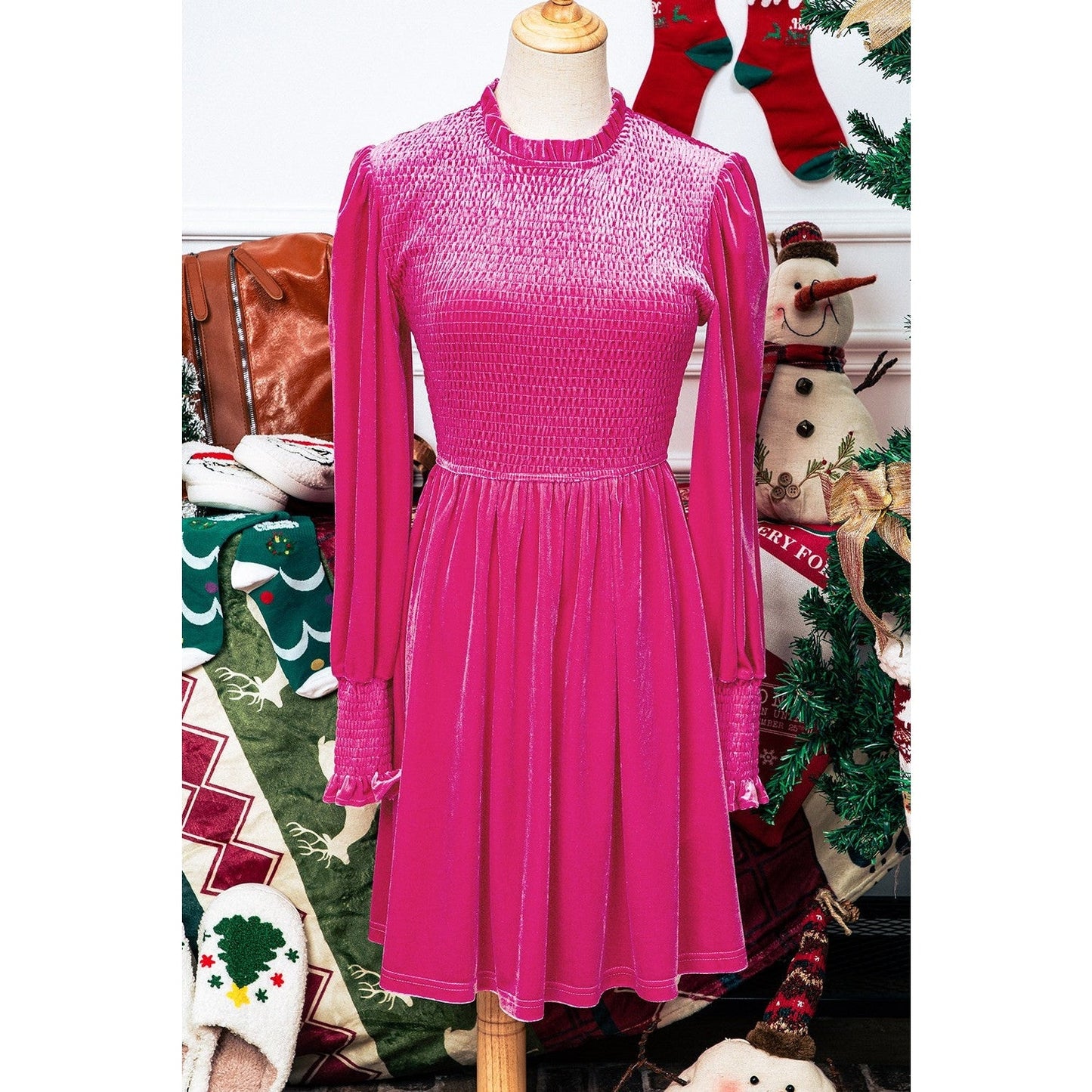 Netta Pink Frilled Neck Smocked Bodice Velvet Dress