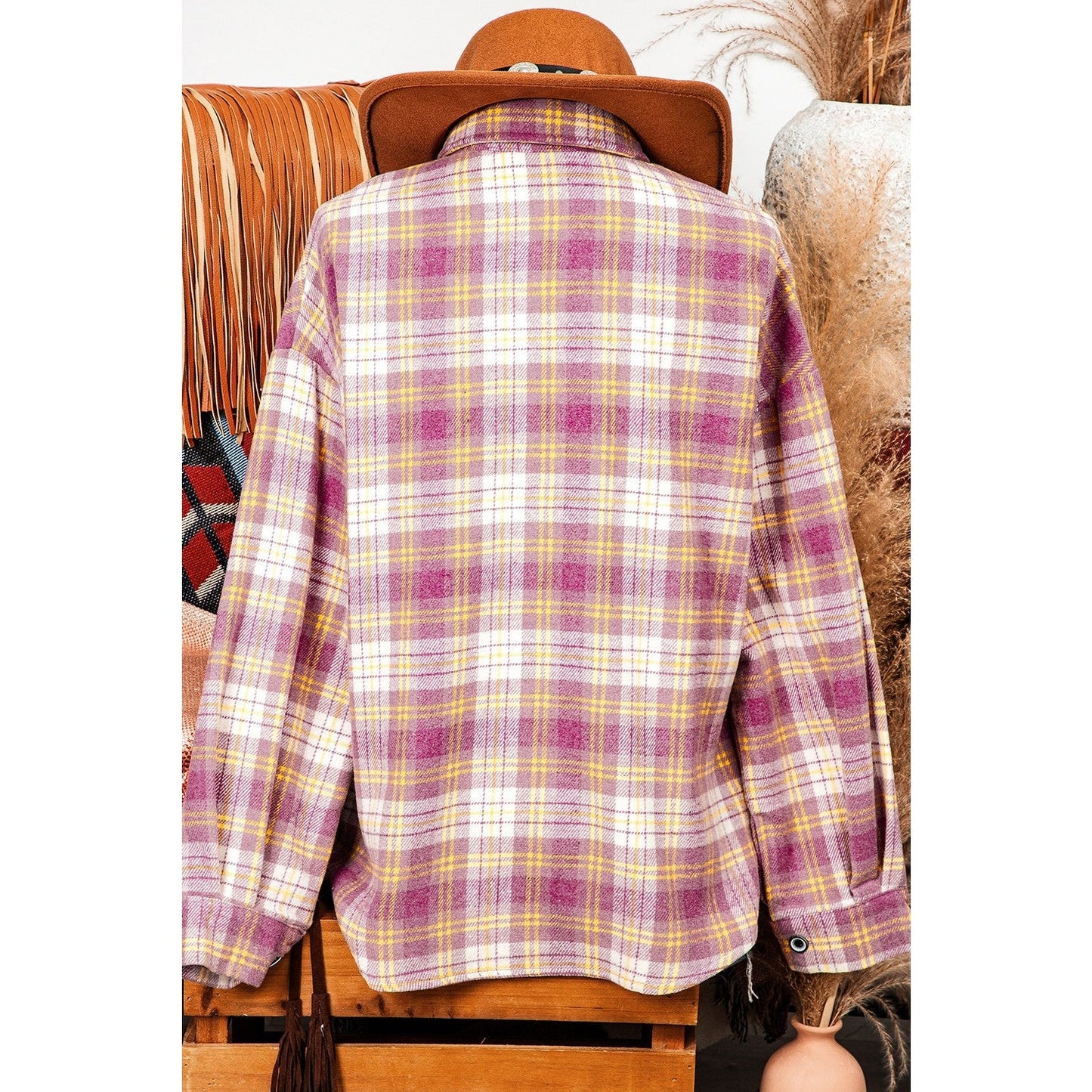 Piper Pink Plaid Print Chest Pocket Long Sleeve Shacket