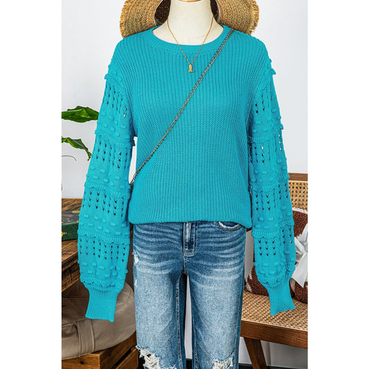 Poppy Turquoise Ruffled Eyelet Bubble Sleeve Sweater