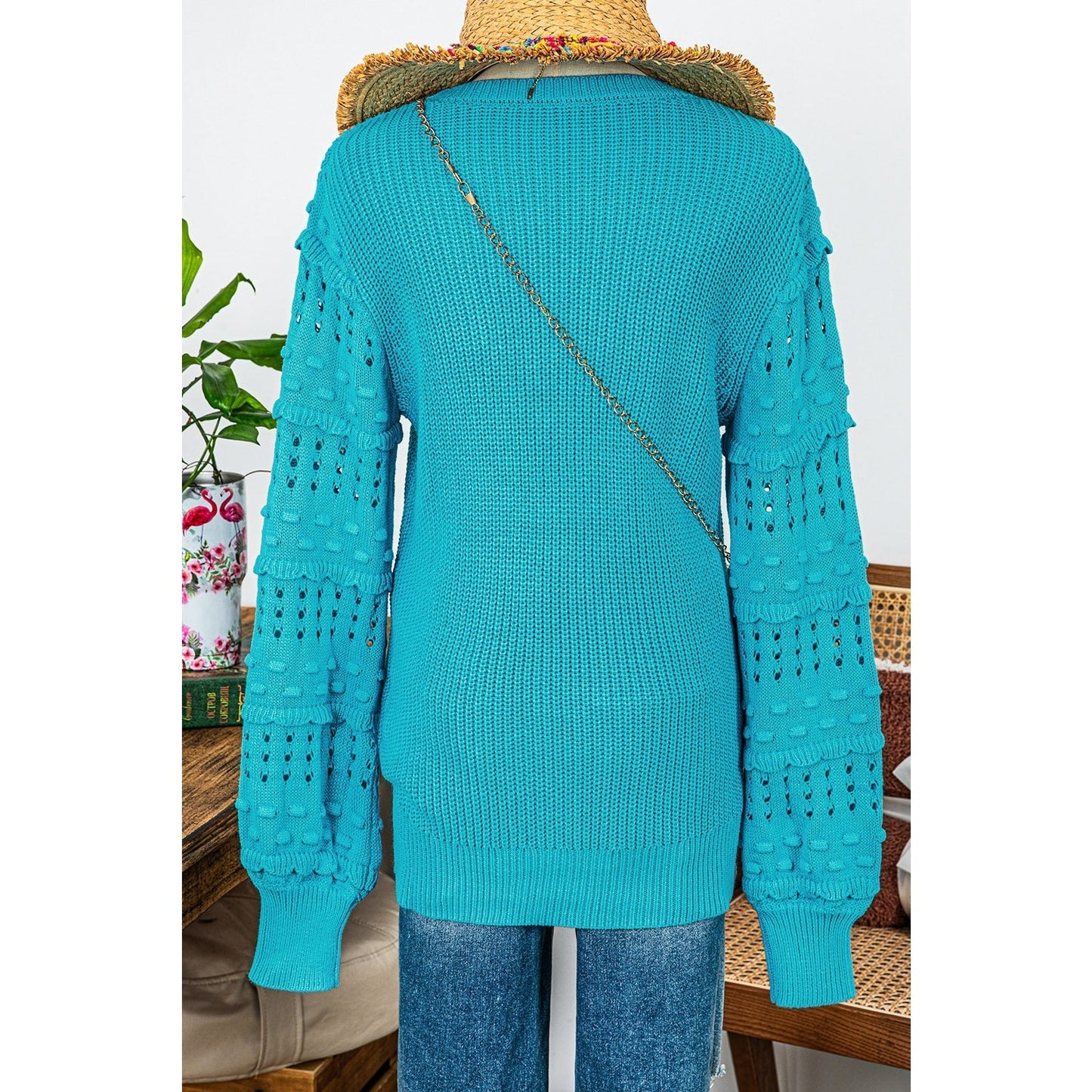 Poppy Turquoise Ruffled Eyelet Bubble Sleeve Sweater