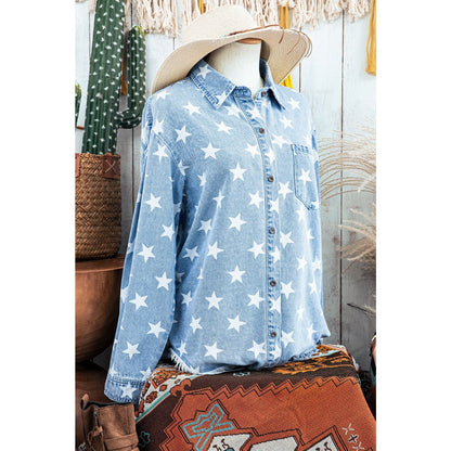 Sky Blue Star Print Light Wash Raw Hem Denim Jacket