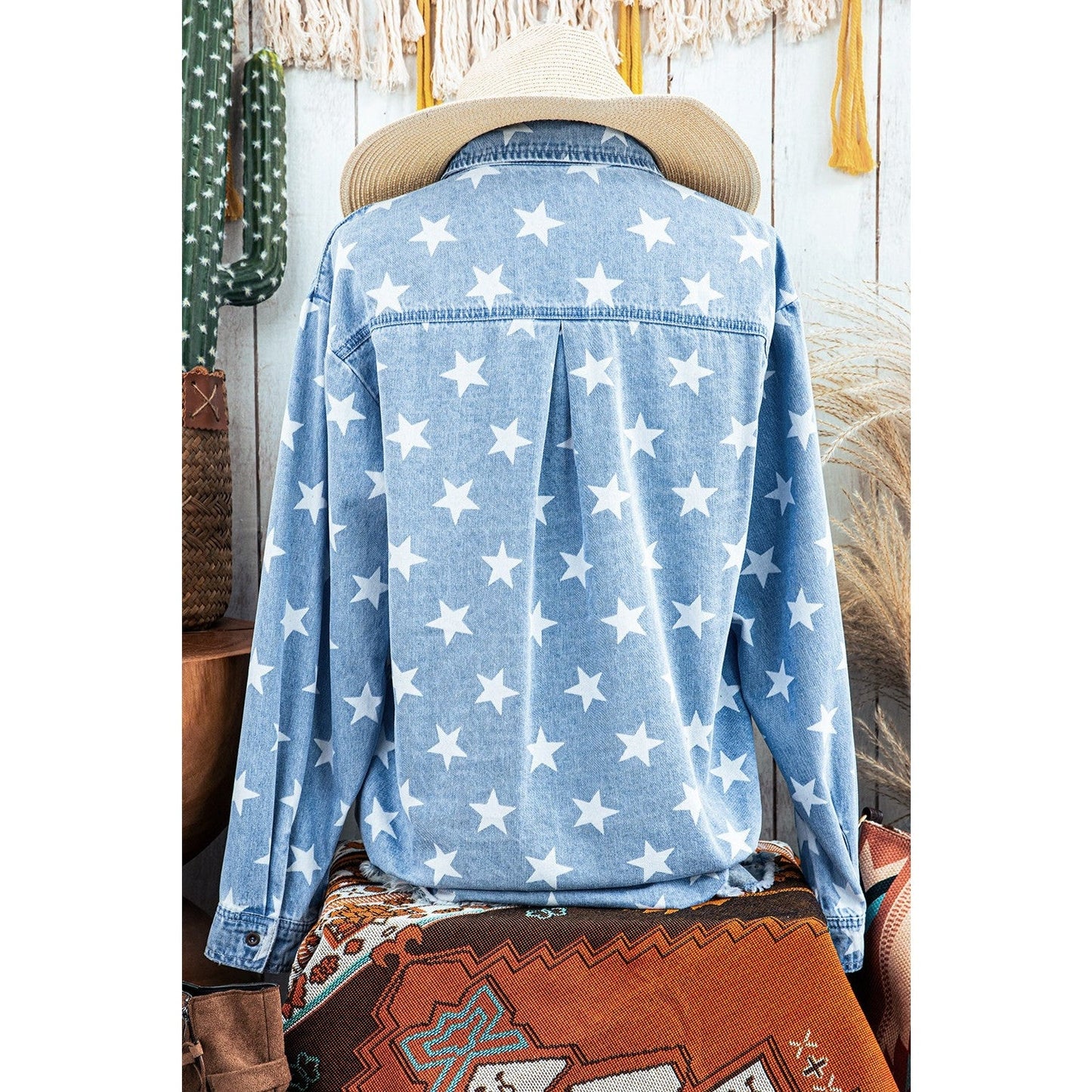 Sky Blue Star Print Light Wash Raw Hem Denim Jacket