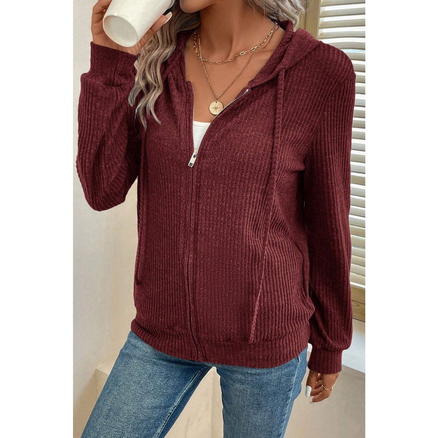 Tiffie Wine Ribbed Zip Up Front Drawstring Hoodie