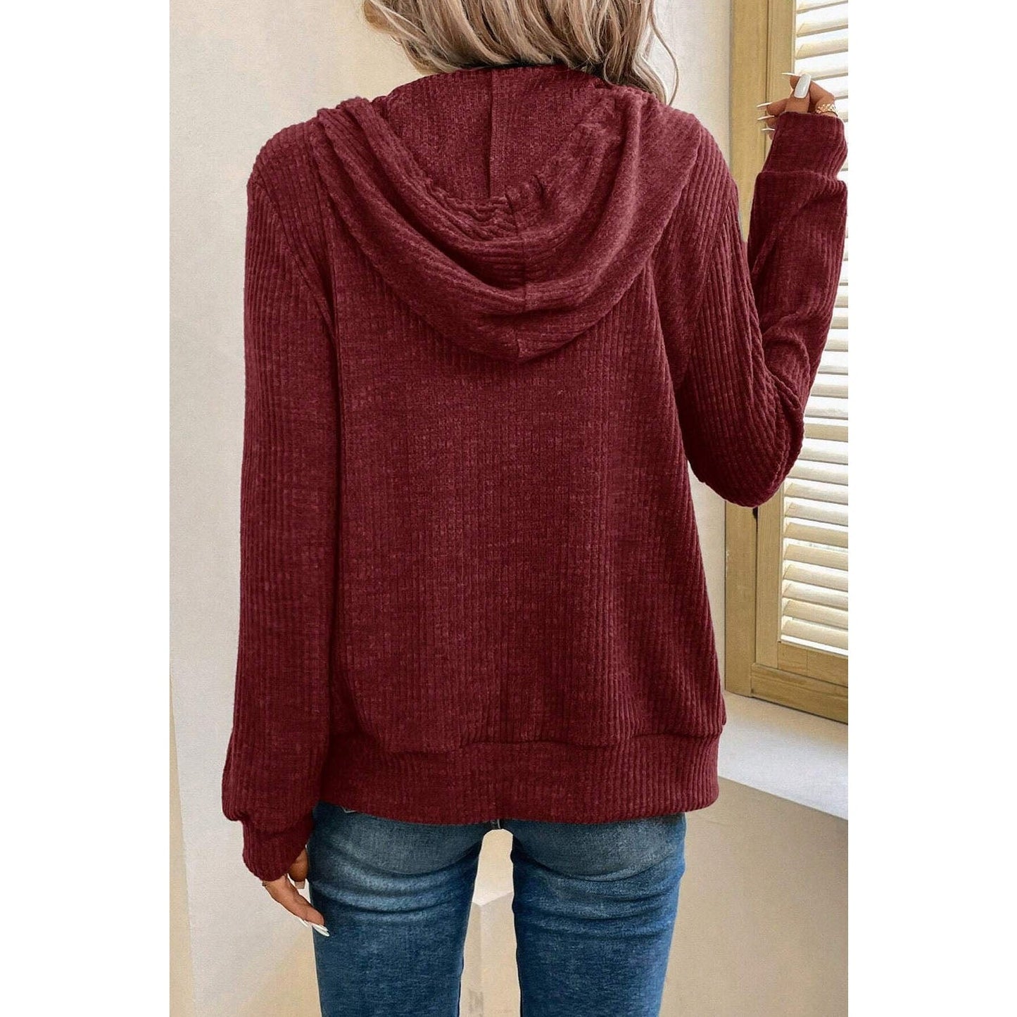 Tiffie Wine Ribbed Zip Up Front Drawstring Hoodie